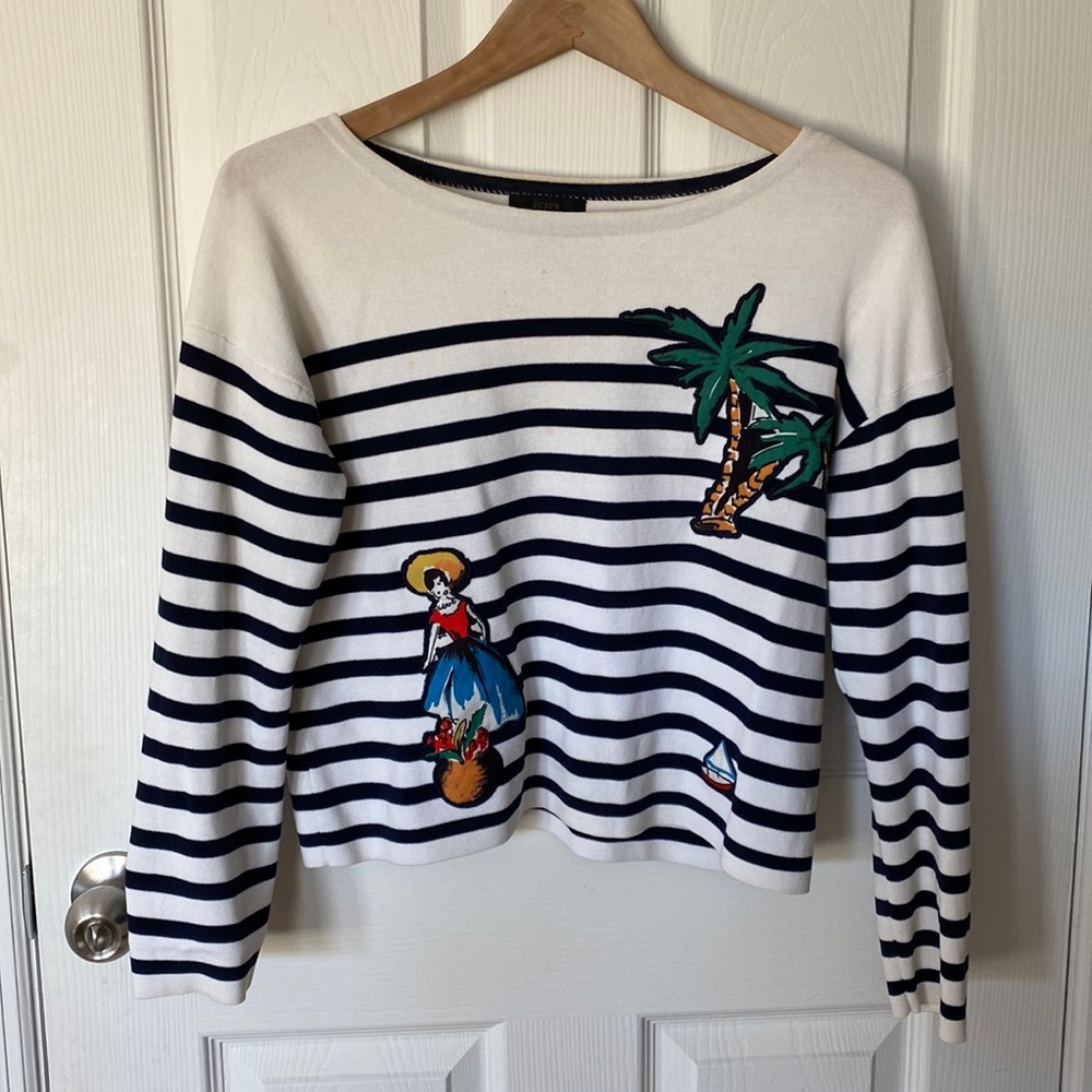 J crew crop striped sweater palm dance patchwork